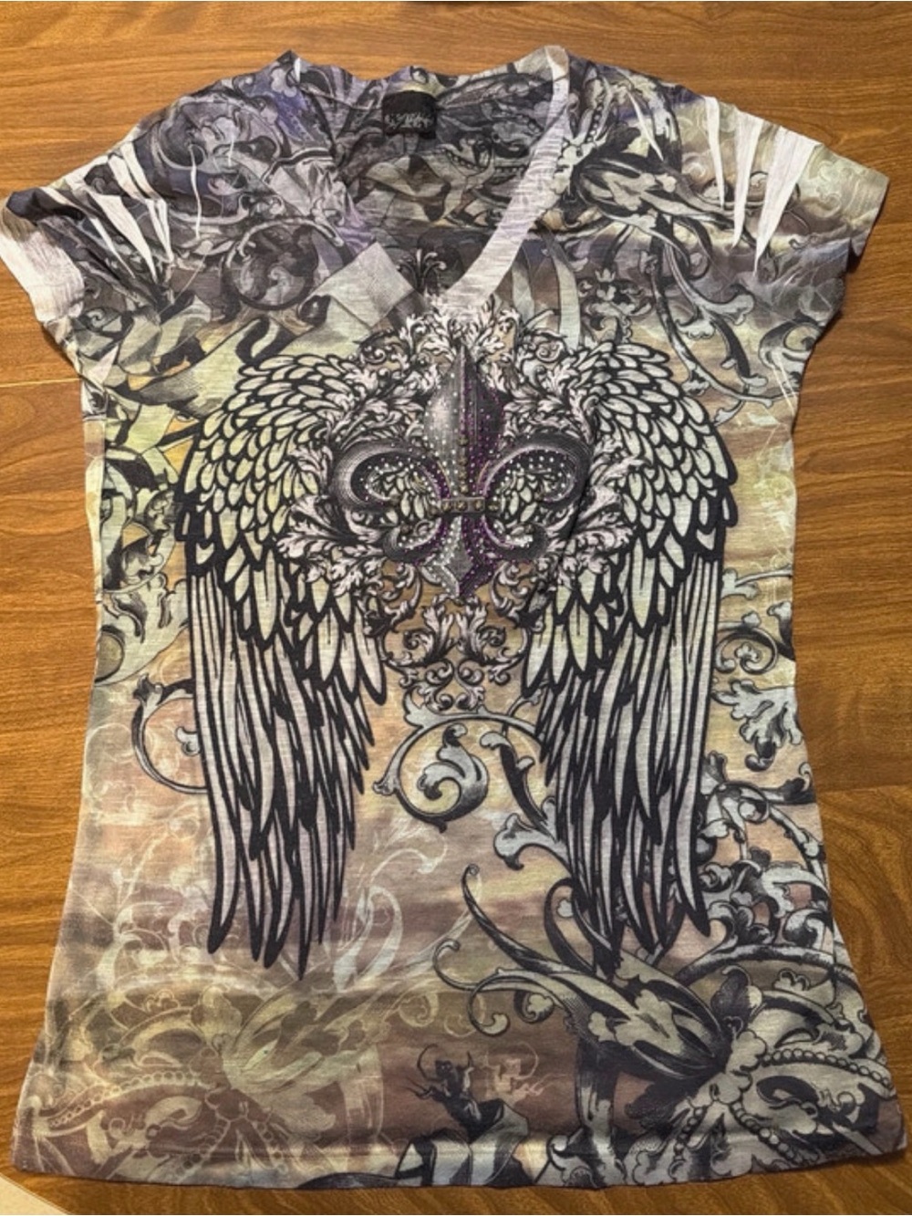 Daytrip Multicolor V-Neck Wing & Fleur Graphic Tee